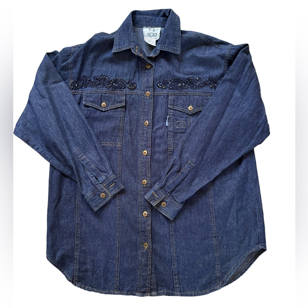 Blue Embellished Denim Western Button Down Cowgirl Shirt Women’s Size S - Picture 5 of 10